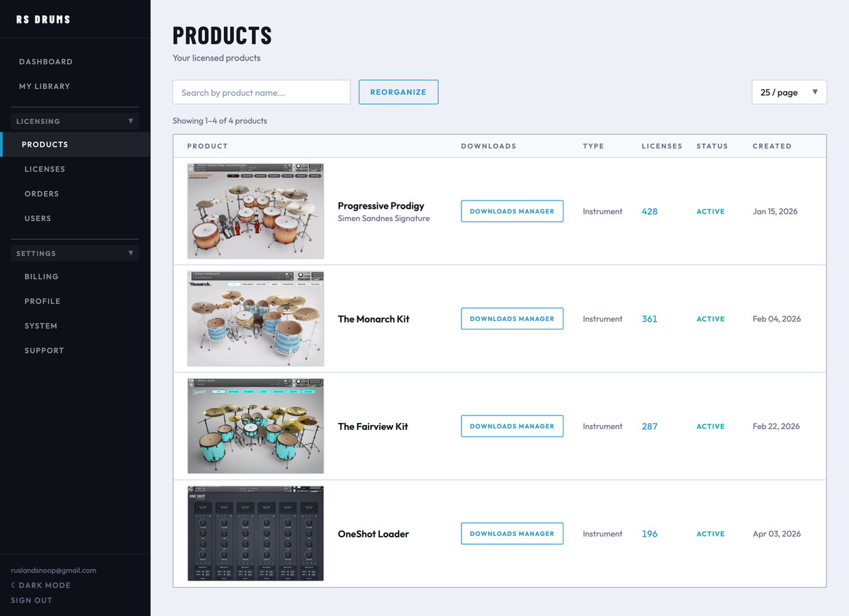 The Klevr Portal products view, showing a brand's licensed plugins with their license counts and statuses.