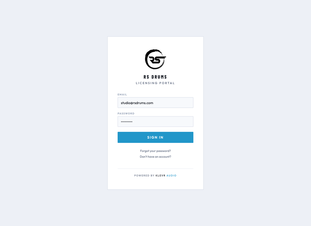 A white-labeled Klevr Portal sign-in page carrying RS Drums' own branding.